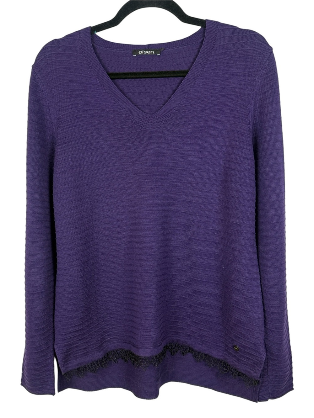 Olsen Purple V-Neck Long Sleeve Ribbed Knit Sweater with Guipure Lace Trim